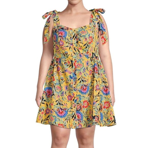 TERRA & SKY Plus Size Button Front Tie Shoulder Dress Mustard Yellow Floral Mini - Picture 3 of 14
